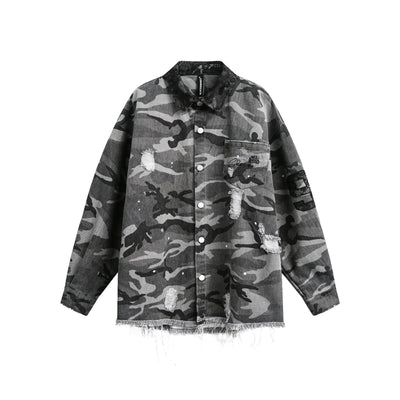 Camisa de Manga Larga Estilo Retro Americano con Diseño Camuflado Desgastado