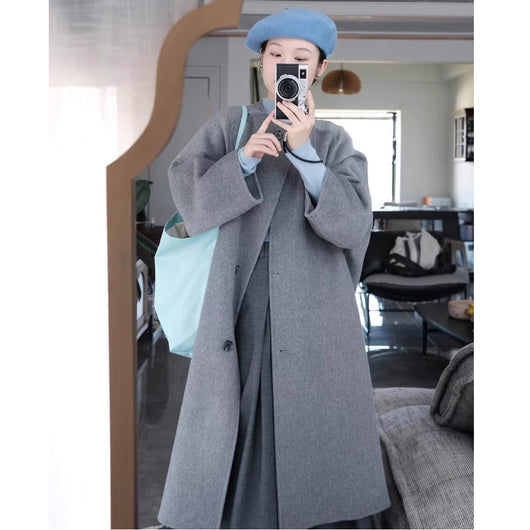 Abrigo de Lana Gris Elegante de Largo Medio para Mujer - Image 5