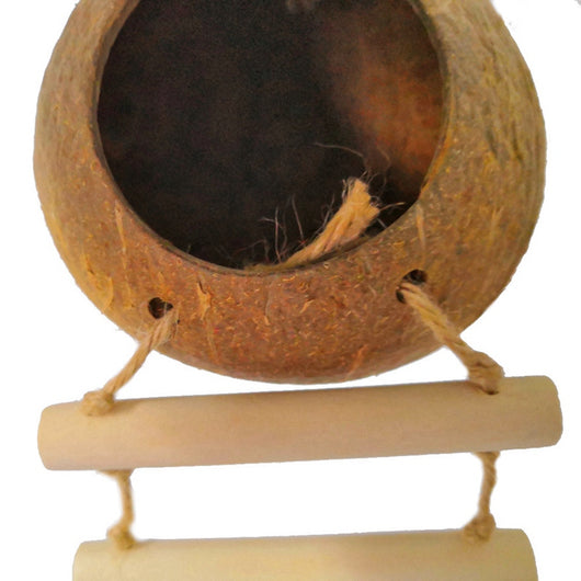 Natural coconut shell bird nest with a wooden ladder, featuring a hanging rope for small birds or hamsters. - Image 12