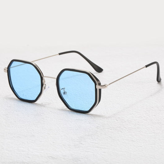 Men's personalized polygon sunglasses with black and gold frame and purple gradient UV resistant lenses. - Image 8