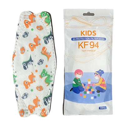 Black disposable KF94 children's mask next to white packaging with cartoon kids and "10PCS" label. - Image 9