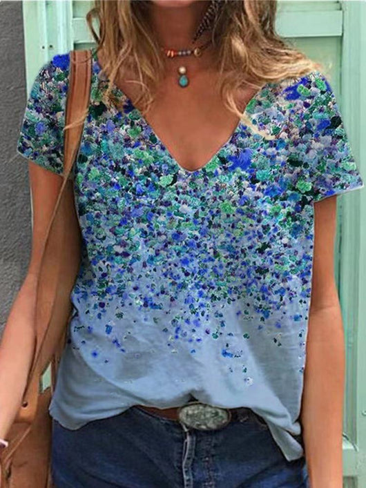 Blusa Estampada Cuello V Manga Corta