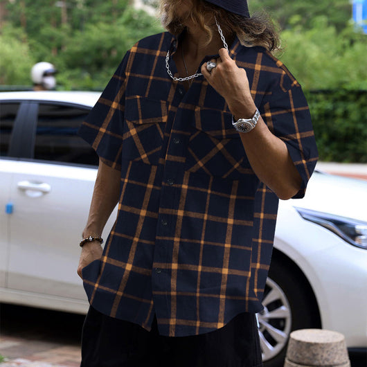 Camisa Casual de Cuadros Patchwork con Botones y Manga Corta - Image 6