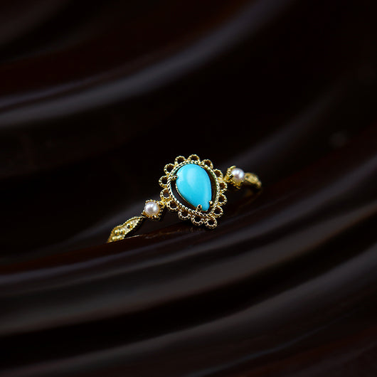 Anillo de Turquesa Natural y Perla con Patrón Calado - Image 8