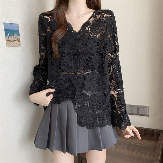 Blusa Larga de Encaje Calado con Mangas Largas para Mujer - Image 17