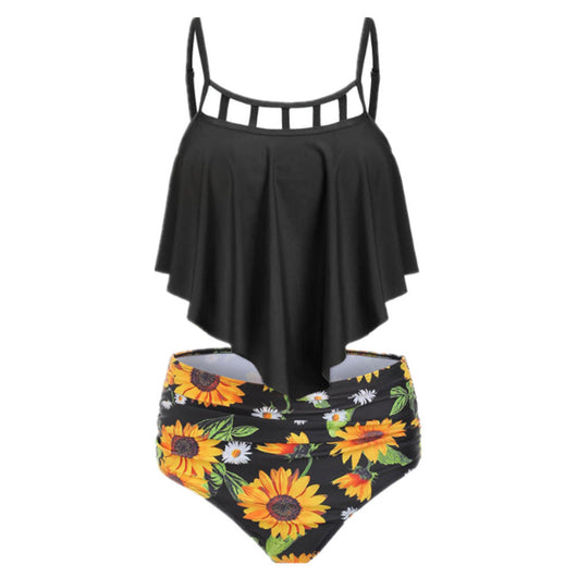 Bikini Talle Alto con Volantes y Estampado Girasoles Europeo - Image 3