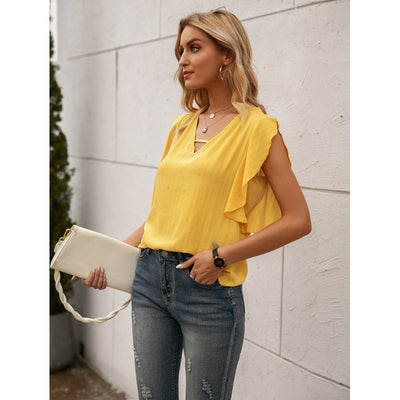 Blusa V-Escote Hoja de Loto Color Sólido - Image 5