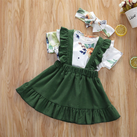 Conjunto de 3 Piezas: Blusa Floral Manga Corta, Falda con Tirantes y Diadema - Image 5