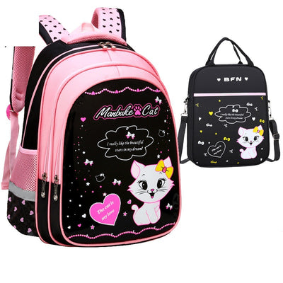Kids black and pink backpack with a cute white cat print, paired with a matching lunch bag. - Image 10