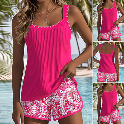Women's grey floral print tankini swimsuit with square neckline and matching solid grey swim shorts with white trim. - Image 3