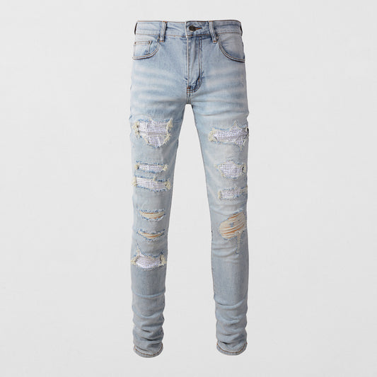 Jeans Ajustados para Hombre con Parches Diamante Claro y Detalles Perforados