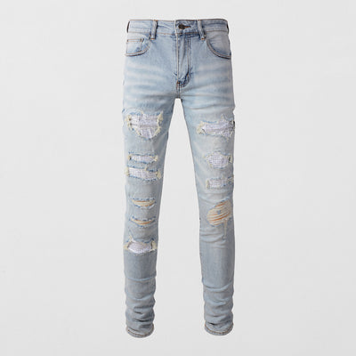 Jeans Ajustados para Hombre con Parches Diamante Claro y Detalles Perforados