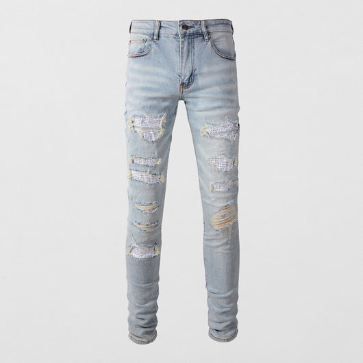 Jeans Ajustados para Hombre con Parches Diamante Claro y Detalles Perforados