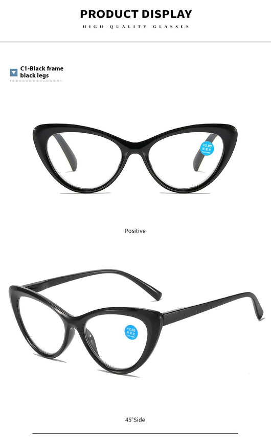 Black cat-eye anti-blue light reading glasses with green patterned temples on a white background. - Image 14