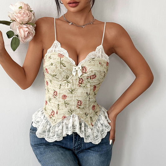Top Encaje Jacquard Retro con Tirantes Finos y Detalles Sexy - Image 2