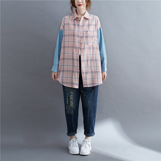 Camisa Oversized de Patchwork Manga Larga Suelta - Image 15