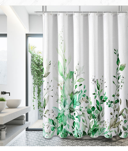 White shower curtain with a vibrant green botanical leaf print, hanging in a bright, modern bathroom. - Image 15