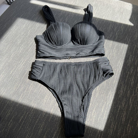 Women's light peach ribbed high-waisted two-piece swimsuit with a bandeau top and wide straps. - Image 13