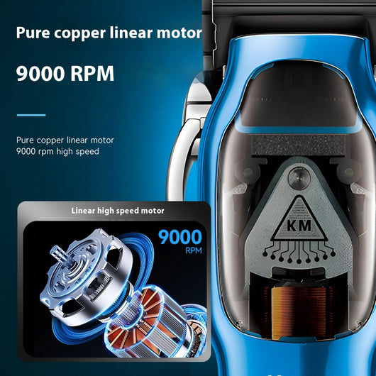Blue electric hair clipper set with charging base, USB cable, cleaning brush, oil, and six guide combs. - Image 5