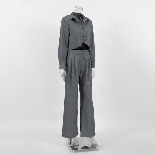 Conjunto de Pantalón Ancho y Blusa Gris de Manga Larga Cintura Alta Efecto Reductor - Image 13