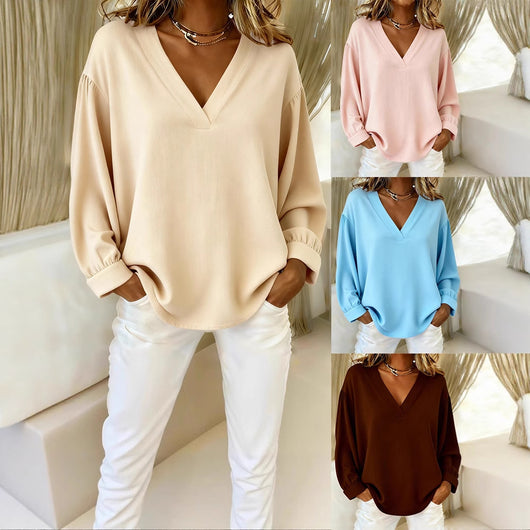 Blusa Casual de Cuello V y Manga Larga en Colores Sólidos