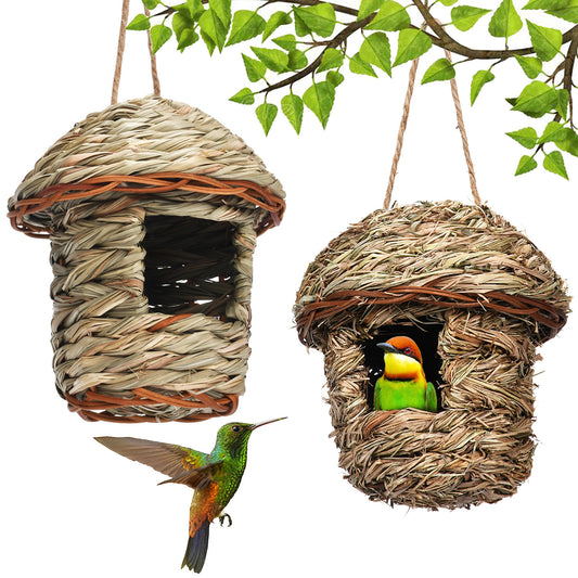 Handmade straw bird nest, house-shaped with a hanging rope, natural color, 15cm tall, 14cm wide.