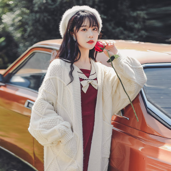 Cardigan Blanco Tejido Largo Mujer - Suéter Holgado Primavera Otoño
