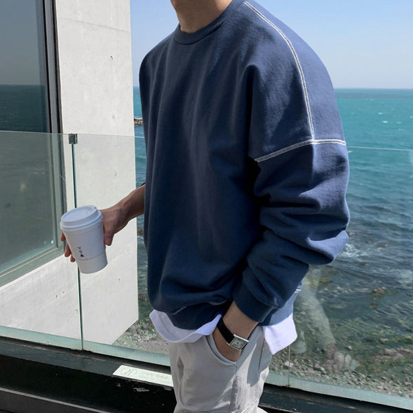 Sudadera Cuello Redondo Hombre Diseño Suelto Otoño Camiseta Manga Larga Color Sólido
