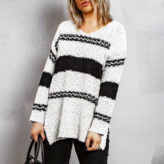 Suéter Rayado Suelto con Escote en V para Mujer - Estilo Europeo y Americano - Image 11