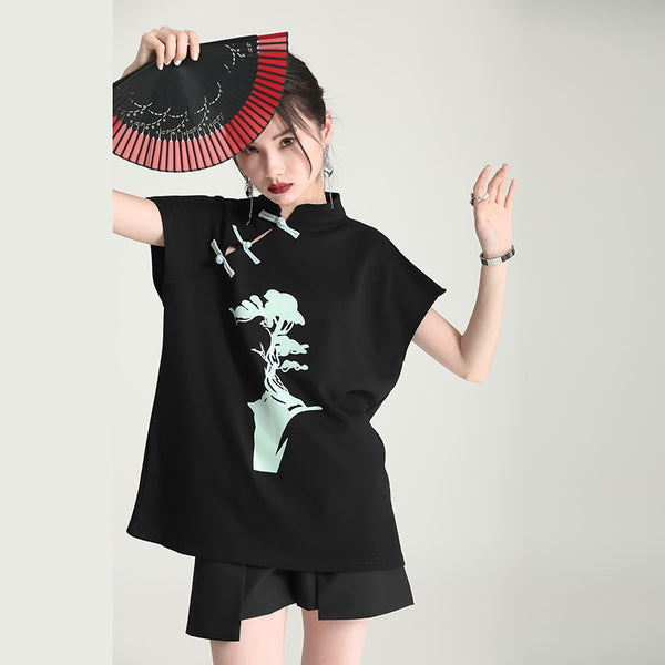 Blusa Cheongsam Moderna con Botones de Rana - Camiseta Estampada Manga Corta Verano