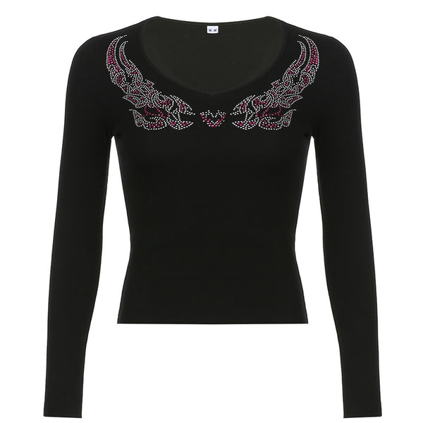 Blusa Ajustada Estampada con Pedrería Hot-Stamping Cuello en V Manga Larga para Mujer - Image 4