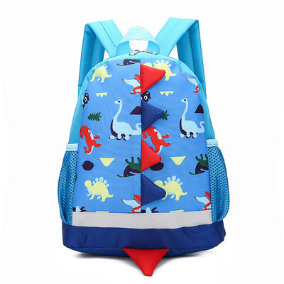 Pink children's backpack with colorful cartoon dinosaurs, yellow base, reflective strip, and mesh side pockets. - Image 7