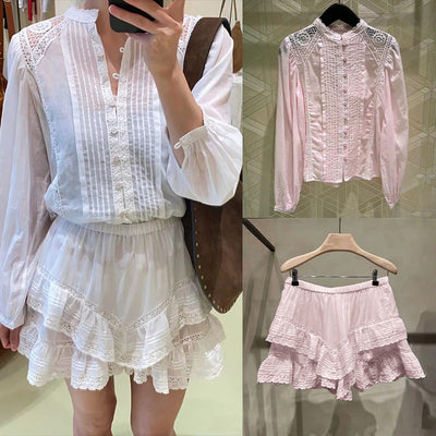 Conjunto Romántico de Blusa con Encaje y Falda Short Tableada Doble Volante - Image 11