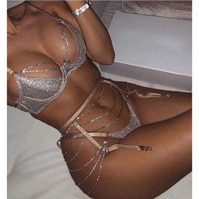Silver rhinestone mesh bandeau bikini set with matching garter belt, displayed on a clear mannequin. - Image 7