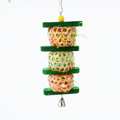 Colorful parrot toy with three rattan woven balls filled with paper, green wooden blocks, a yellow bead, and a bell. - Image 8