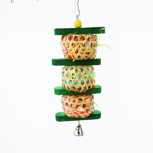 Colorful parrot toy with three rattan woven balls filled with paper, green wooden blocks, a yellow bead, and a bell. - Image 8