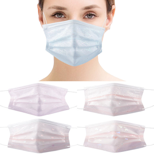 Light blue disposable face mask with iridescent butterfly patterns and white ear loops for dust protection.
