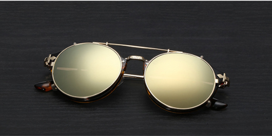 Round frame sunglasses with light blue mirrored lenses and a gold-tone metal frame, featuring a double bridge. - Image 15