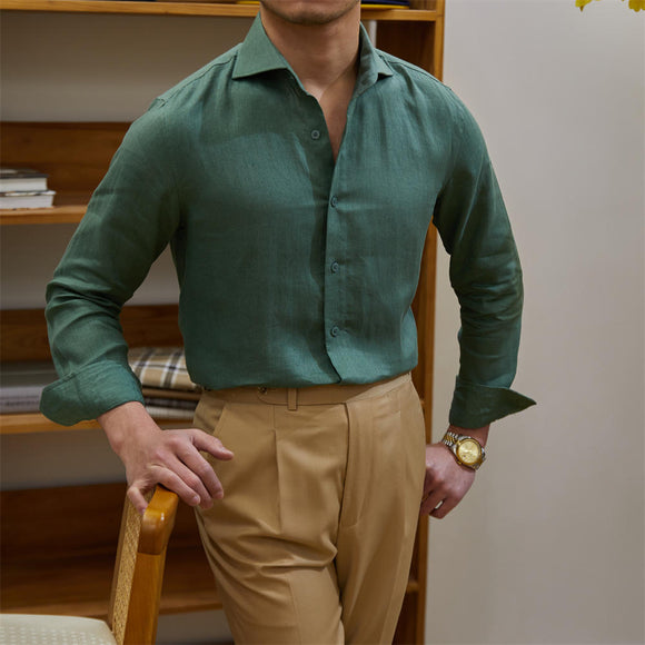 Camisa Lino Manga Larga Cuello Clásico Transpirable