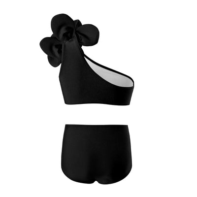 Red children's split swimsuit with a one-shoulder top featuring a large decorative flower and high-waisted bottoms. - Image 9