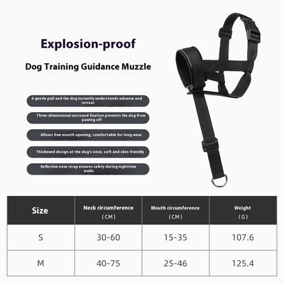 Black and brown leather and nylon dog muzzle with adjustable straps and a D-ring, shown with a size chart. - Image 5