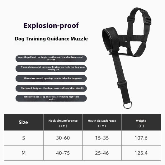 Black and brown leather and nylon dog muzzle with adjustable straps and a D-ring, shown with a size chart. - Image 5