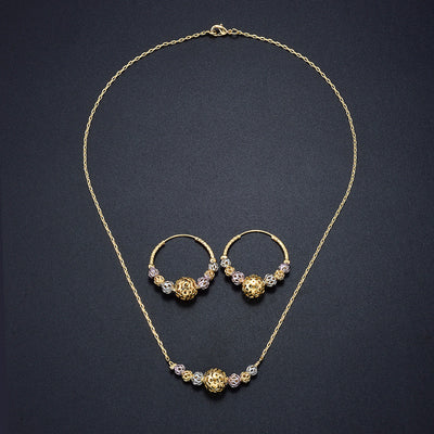 Multicolor cutout round beads necklace and matching hoop earrings set with gold, silver, and purple beads. - Image 7