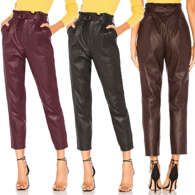 Pantalones Tipo Cuero Sintético Cintura Alta para Mujer