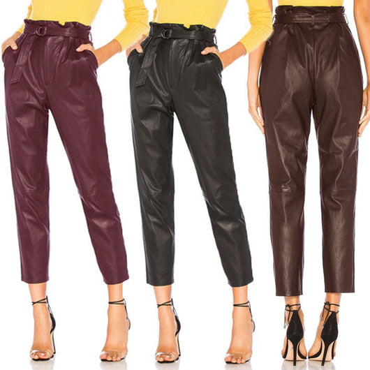 Pantalones Tipo Cuero Sintético Cintura Alta para Mujer