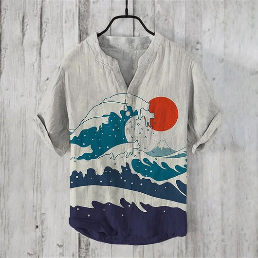 Camisa Lino Hombre Estampado Oceánico Manga Corta Suelta Casual - Image 13
