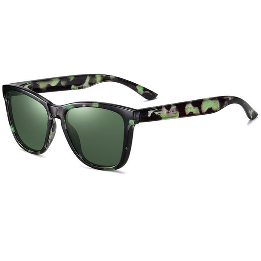 Universal polarized retro square sunglasses with a multi-color camouflage pattern frame and dark lenses. - Image 4