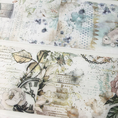 Two rolls of vintage floral washi tape with clocks, feathers, and text overlays, measuring 55mm x 5m. - Image 13