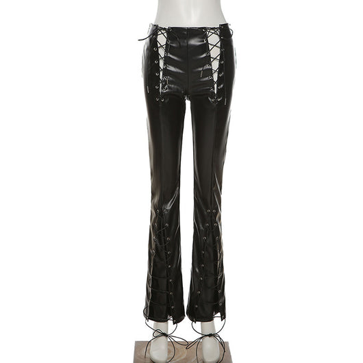 Pantalones de Cuero PU Cintura Alta con Detalle Hueco Slim Casual - Image 5