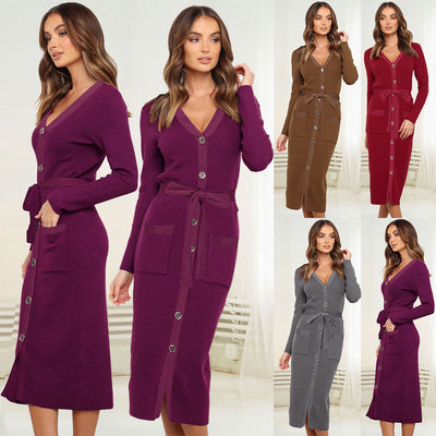 Vestido Largo Ajustado Cuello V Mujer Otoño Invierno